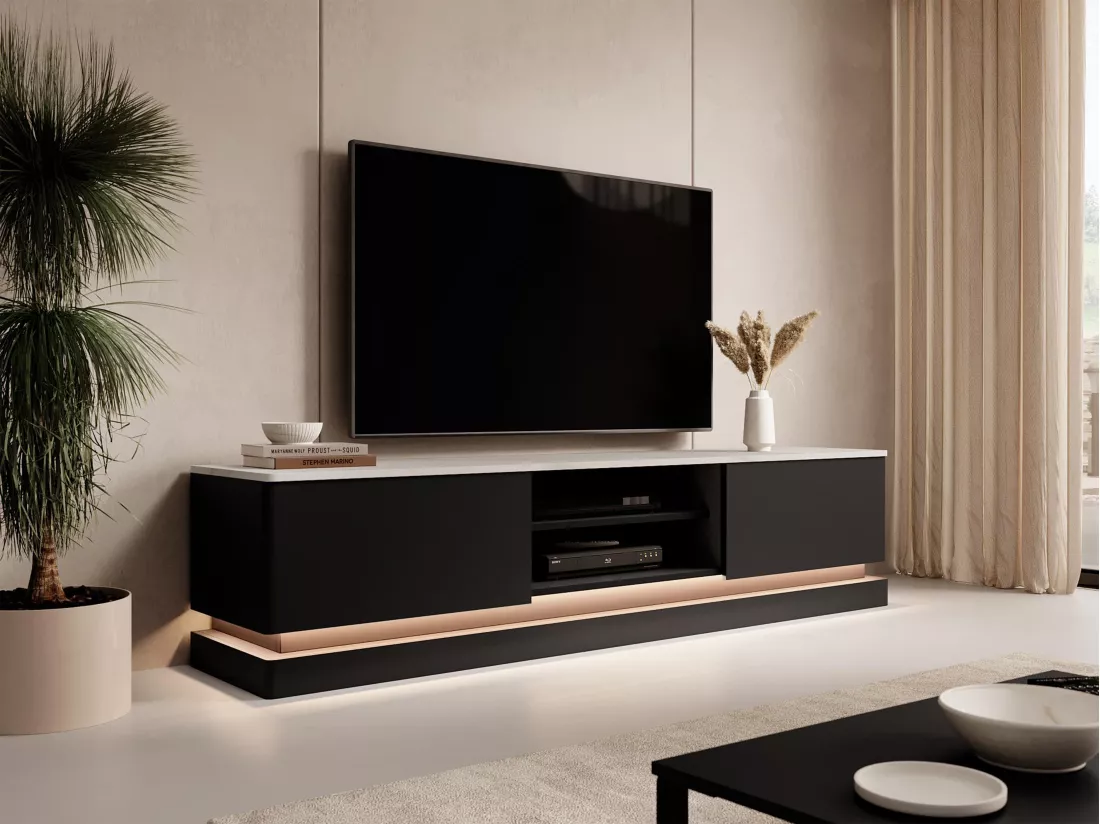 Meuble TV 2 tiroirs et 2 niches avec LEDs en MDF - Noir et effet marbre blanc - DEVIKA de Pascal MORABITO
