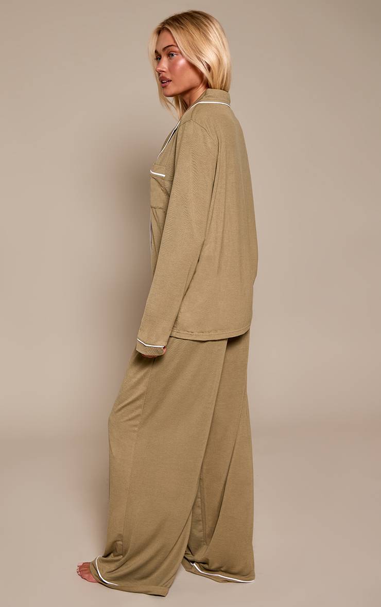 Vert Olive Foncé Ensemble Pyjama Haut Manches Longues Et Pantalon En Jersey Doux Avec Passepoil