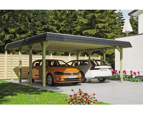 SKAN HOLZ Spreewald dubbele carport inclusief paalankers, 585 x 589 cm, geïmpregneerd
