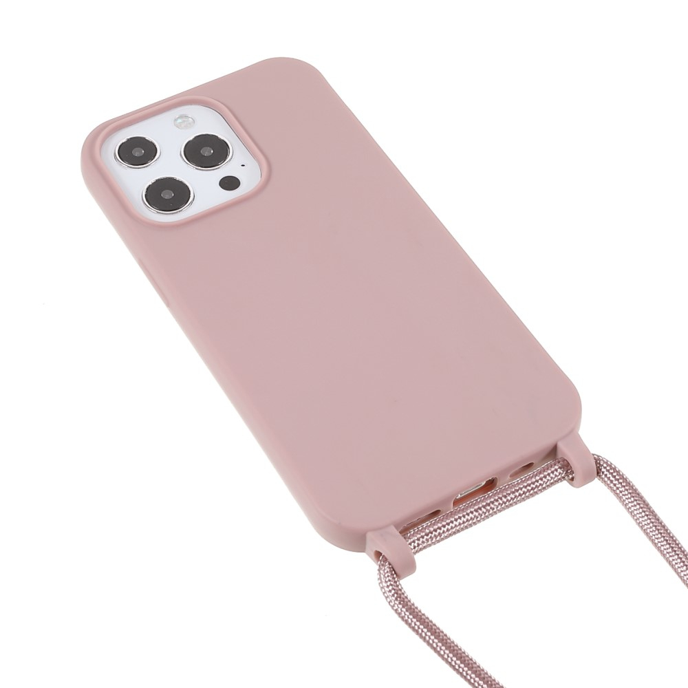 iPhone 13 Pro Necklace Gummi Case Hülle   Handykette (150cm) - Sandrosa / Silber