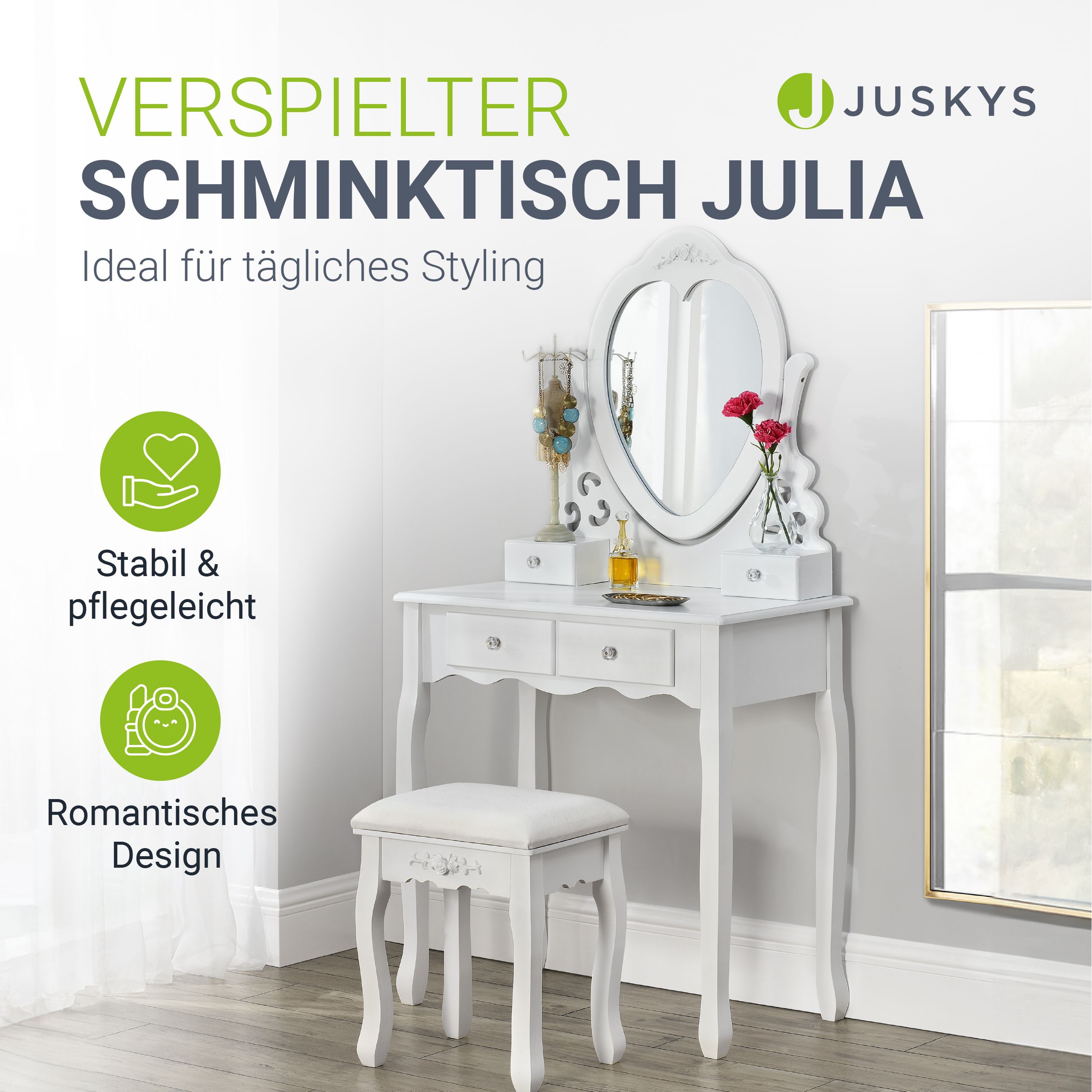 Juskys Schminktisch Julia - Frisiertisch mit Spiegel, Hocker & 4 Schubladen - weiß - Mädchen Kinder