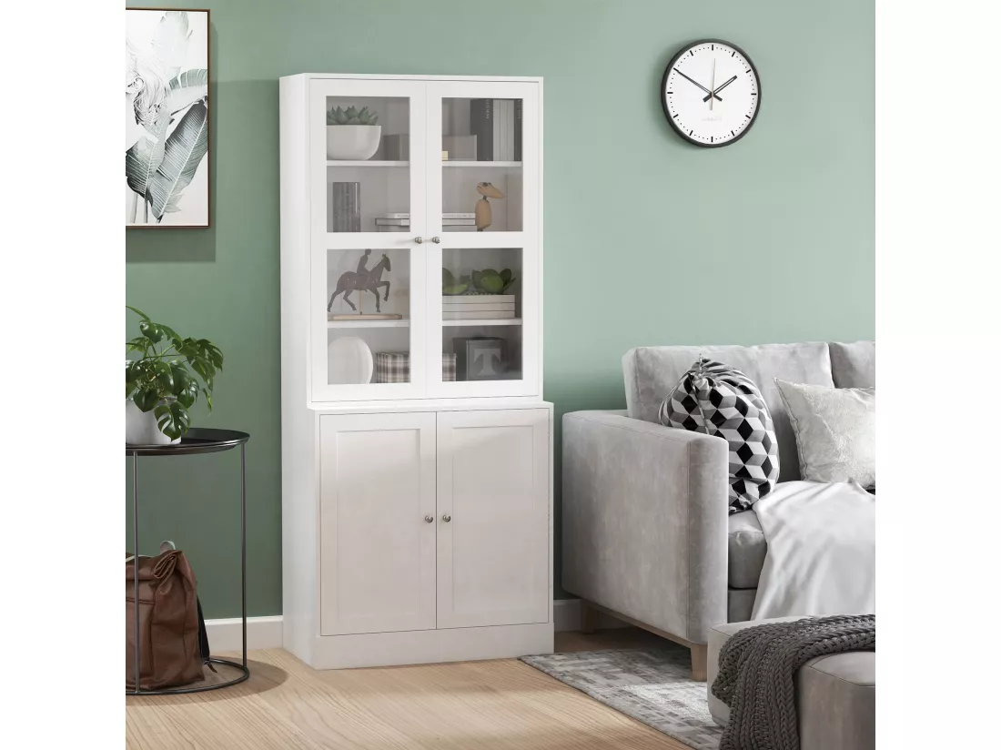 Bibliothèque vitrine multi-rangement - 2 portes verre, 2 portes bois, 4 étagères réglables - MDF blanc