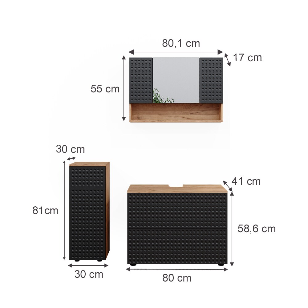 Vicco Badmöbel-Set Irma Eiche Anthrazit 3-teilig Midischrank 81 cm Waschbeckenschrank 80 cm