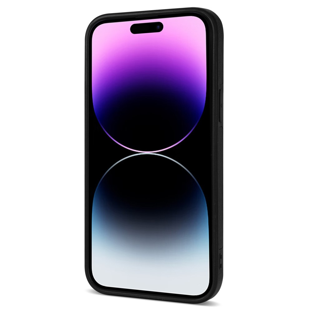 iPhone 14 Pro Hybrid Leder Hardcase Hülle mit Kartenfächer mit Aufsteller (RFID Schutz) - Schwarz
