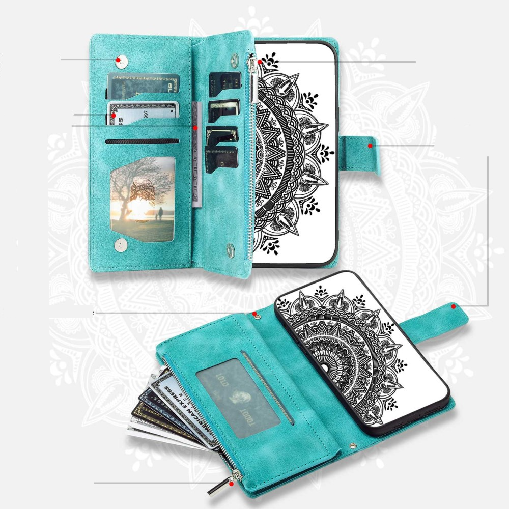 Samsung Galaxy S23 5G Leder Tasche Flip Cover mit Reissverschluss - Mandala Flowers Imprint - Türkis