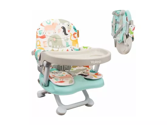 YOLEO Réhausseur Chaise Enfant Pliable,Chaise Haute Bébé Portable,Bébé Chaise repas en Hauteur Réglable,Plateau Amovible,6 mois à 3 ans,Vert avec Coussin