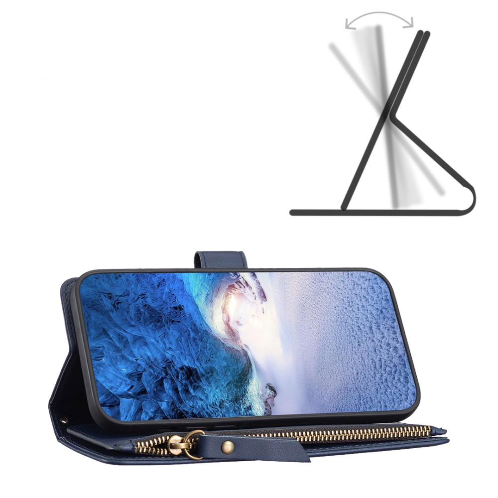 iPhone 15 Pro Max Leder Wallet Etui Tasche mit 9 Kartenfächern   Münzfach - Dunkelblau