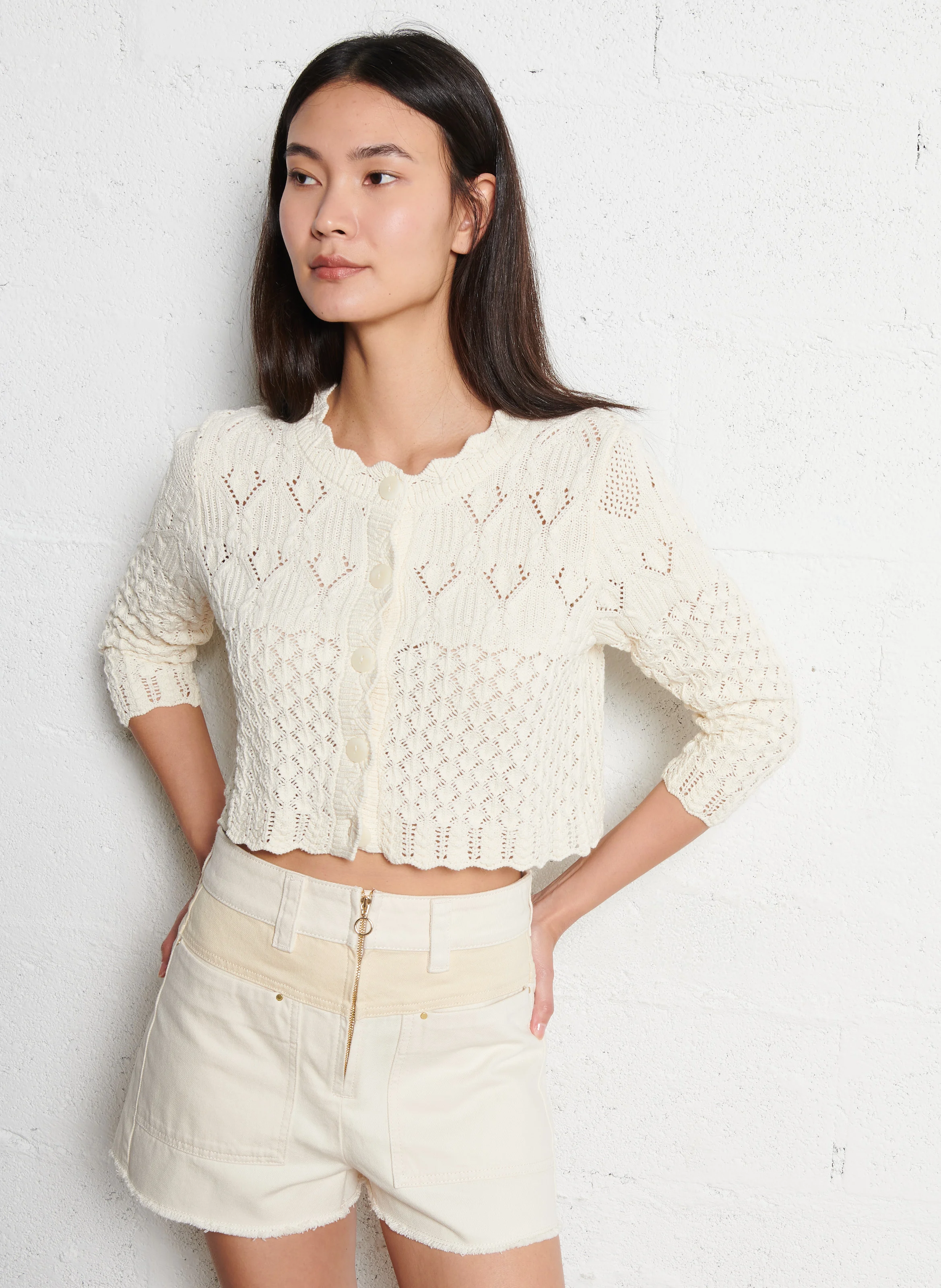 JUMP - Cardigan col rond à broderies ajourées en coton | Beige