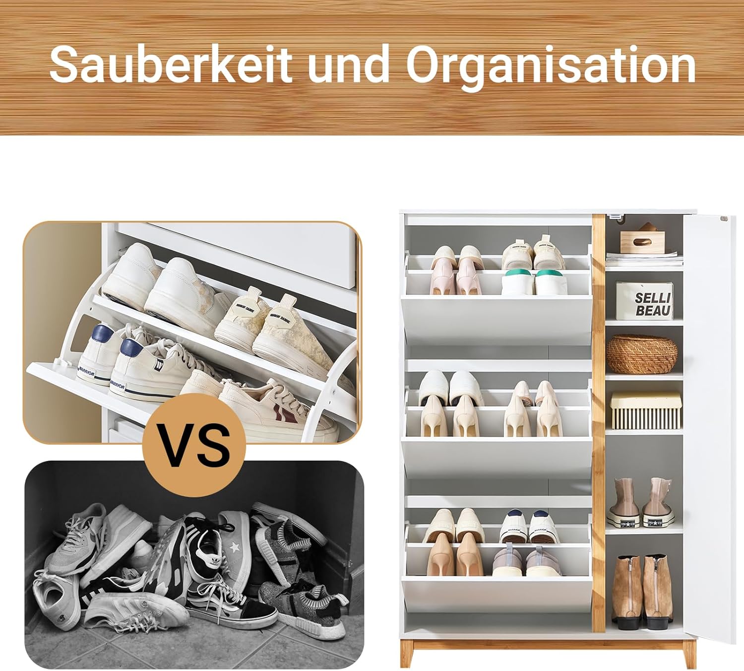 SoBuy Schuhschrank schmal hoch – Schuhkipper mit 3 Klappen und Seitenfächern, schuhregal geschlossen für Flur & Diele, platzsparend, schuhschrank Weiss Natur, 80x122x34cm, FSR189-WN