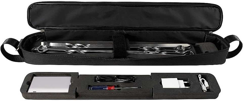 BEM Rambo Mangal Schaschlikgrill, Grillset mit Zubehör inkl. Powerbank + Motor, Elektrisch, Edelstahl, Klappbar, Holzkohlegrill mit Spießen