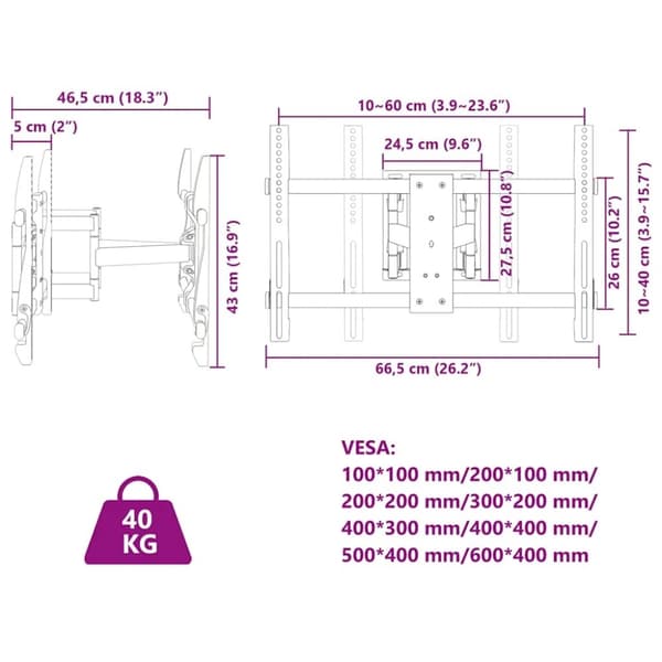 vidaXL TV-veggfeste for 37-80 tommers skjerm maks. VESA 600x400mm 40kg