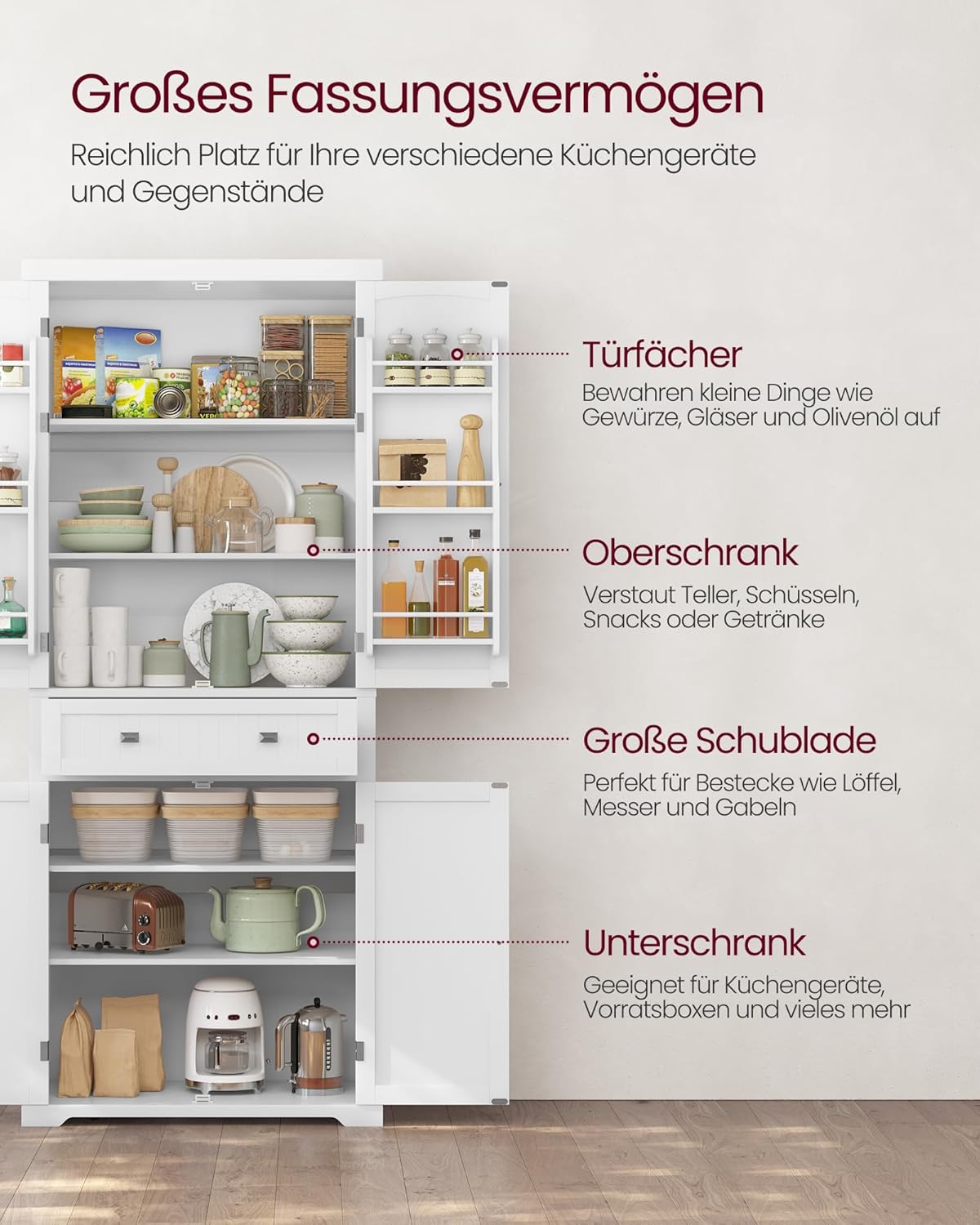 VASAGLE Küchenschrank, Hochschrank Küchenbuffet Vitrinenschrank, Buffetschrank mit Verstellbaren Ablagen, Esszimmerschrank mit Schubladen, für Wohnzimmer Küche, 40 x 76 x 182,1 cm, Weiß BBC561W21