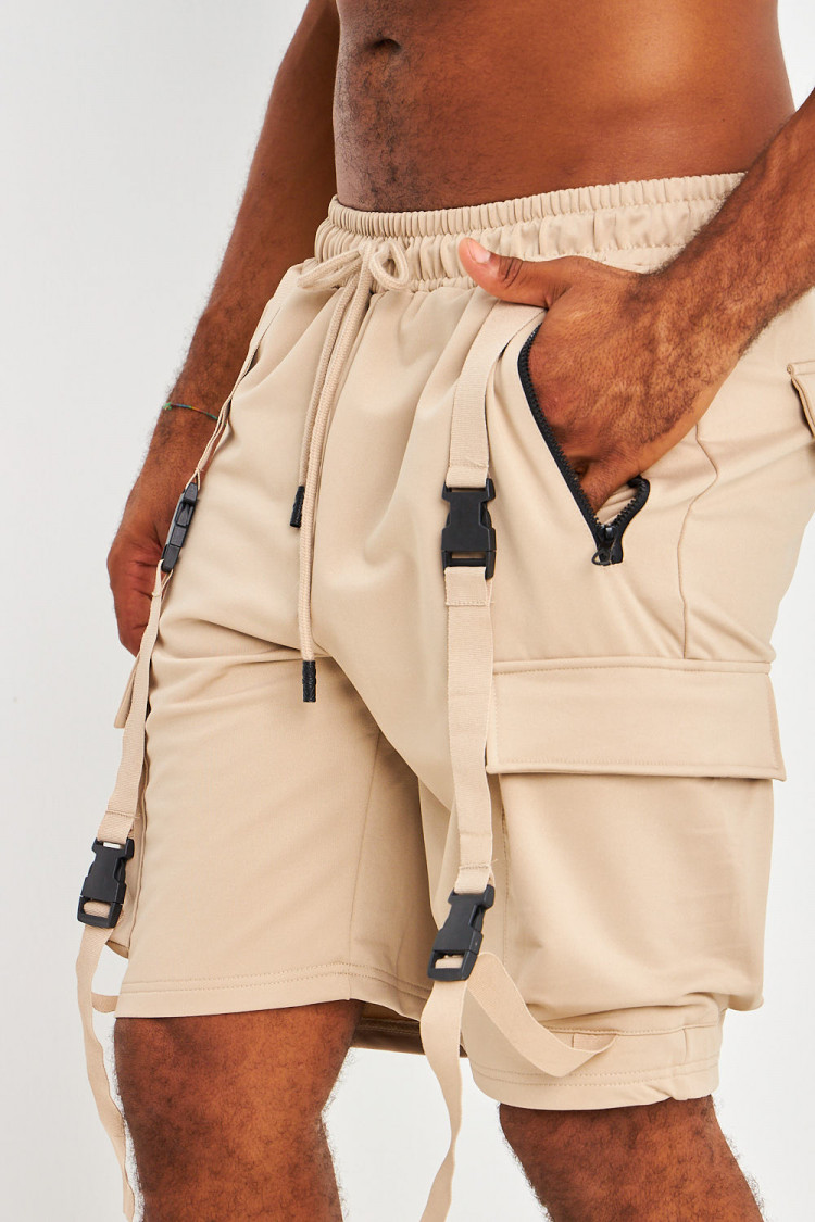 Short cargo beige à bandes et zips