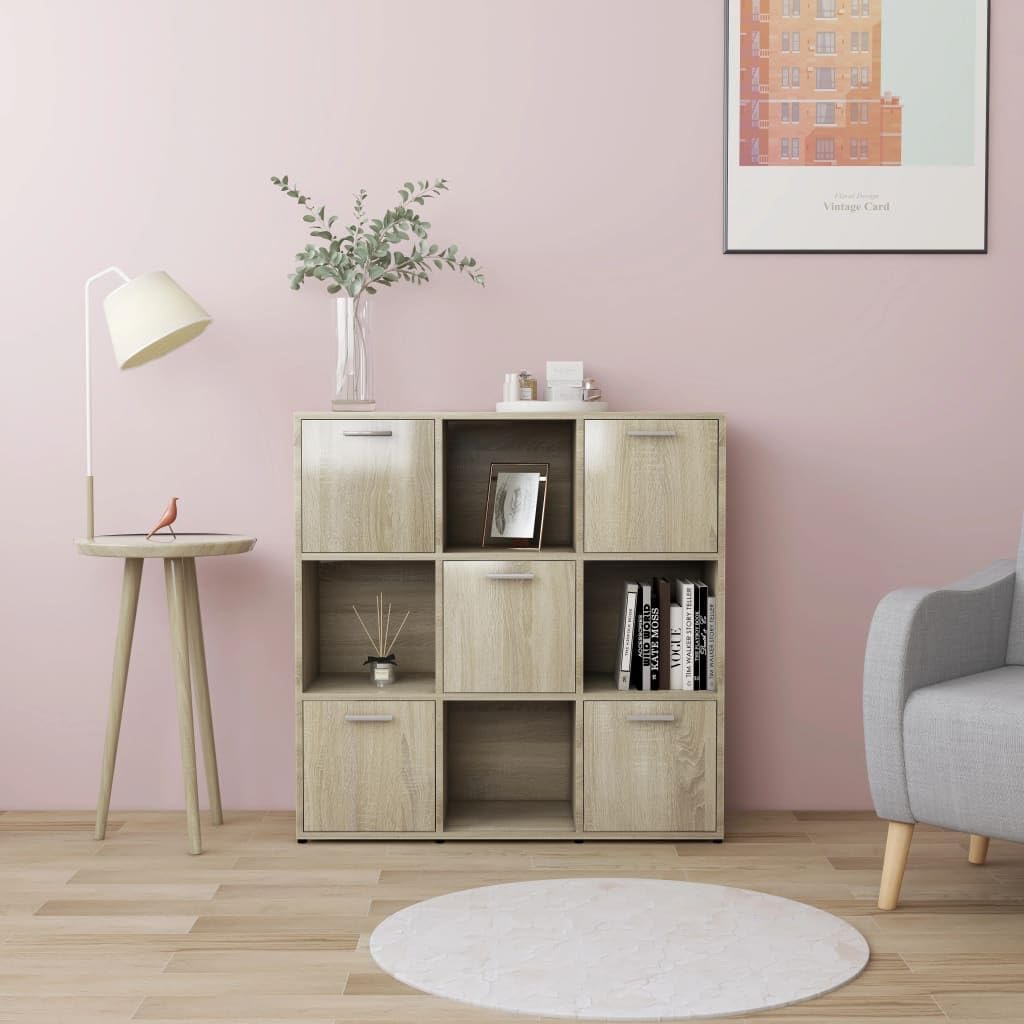 Bücherregal 90x30x90 cm Sonoma Eiche Holzwerkstoff mit 9 Fächern, Davon 5 mit Türen, Robust & Langlebig, Moderner Stauraum Organizer für Living Room, Home Office und Flur