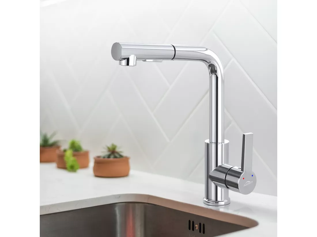 AuraLum Max Mitigeur Cuisine avec Douchette Extractible Robinet Cuisine Rotatif 360°,En 7 forme,Chrome,Mélangeur Evier Eau Chaude/Froide,EU Modèle