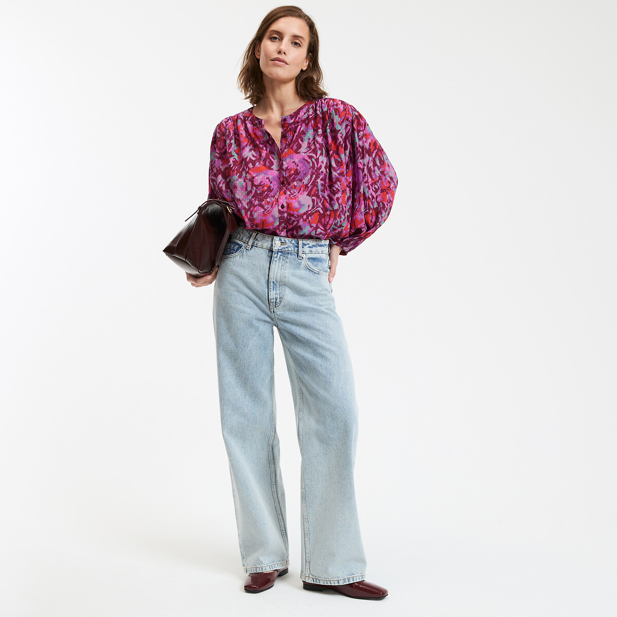 COLEÇÃO LA REDOUTE<br>Blusa com gola mandarim e estampa floral, mangas 3/4
