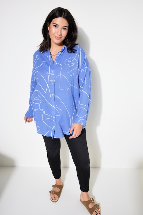 Hemdbluse, oversized, Musselin, Print, Langarm