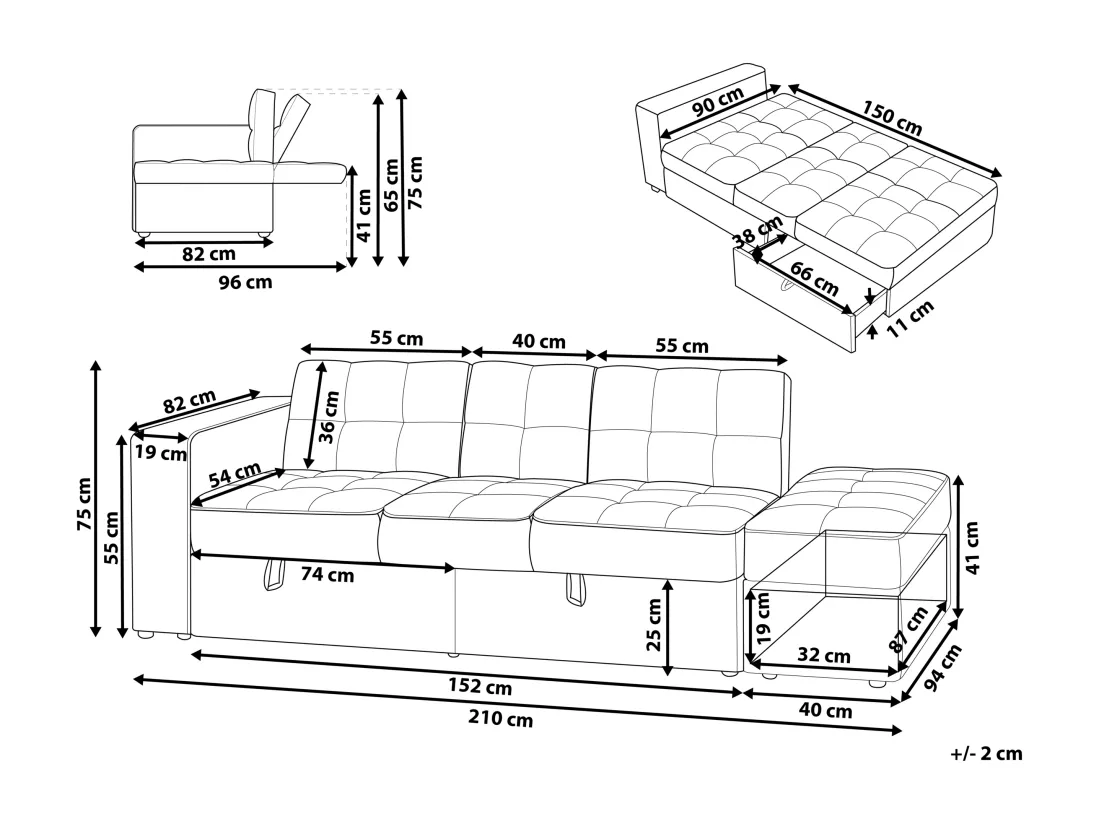 Canapé-lit modulable avec pouf noir FALSTER