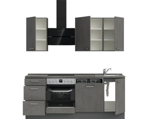 NOBILIA keukenblok met apparatuur, industriële stijl, 210 cm, beton leigrijs mat, voorgemonteerd, linker uitvoering, 4004539018679