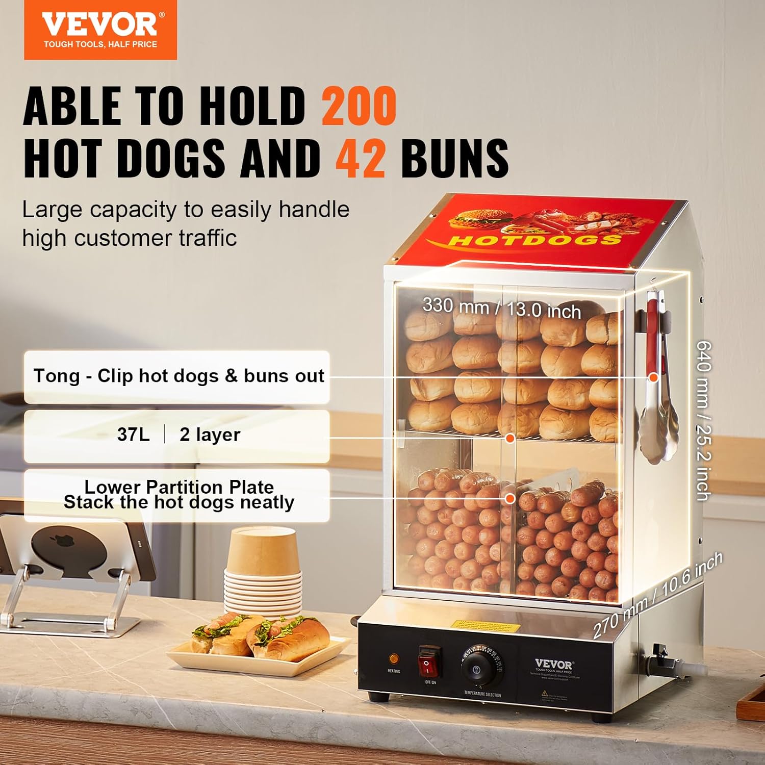 VEVOR Hot Dog Dampfgarer, 37L, 2-stufiger Hot Dog Hütten-Dampfgarer, 30℃~85℃ Temperaturregelung, elektrischer Brötchenwärmer mit Schiebetüren aus gehärtetem Glas, Trennplattenzange