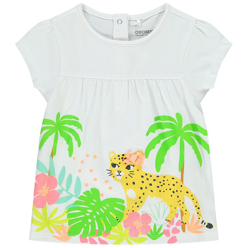T-shirt manches courtes en jersey avec print jungle et noeud fantaisie pour bébé fille - Blanc