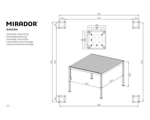 Pergola Mirador Deluxe, paaldikte 11 x 11 cm, 360 x 360 x 250 cm, zwart