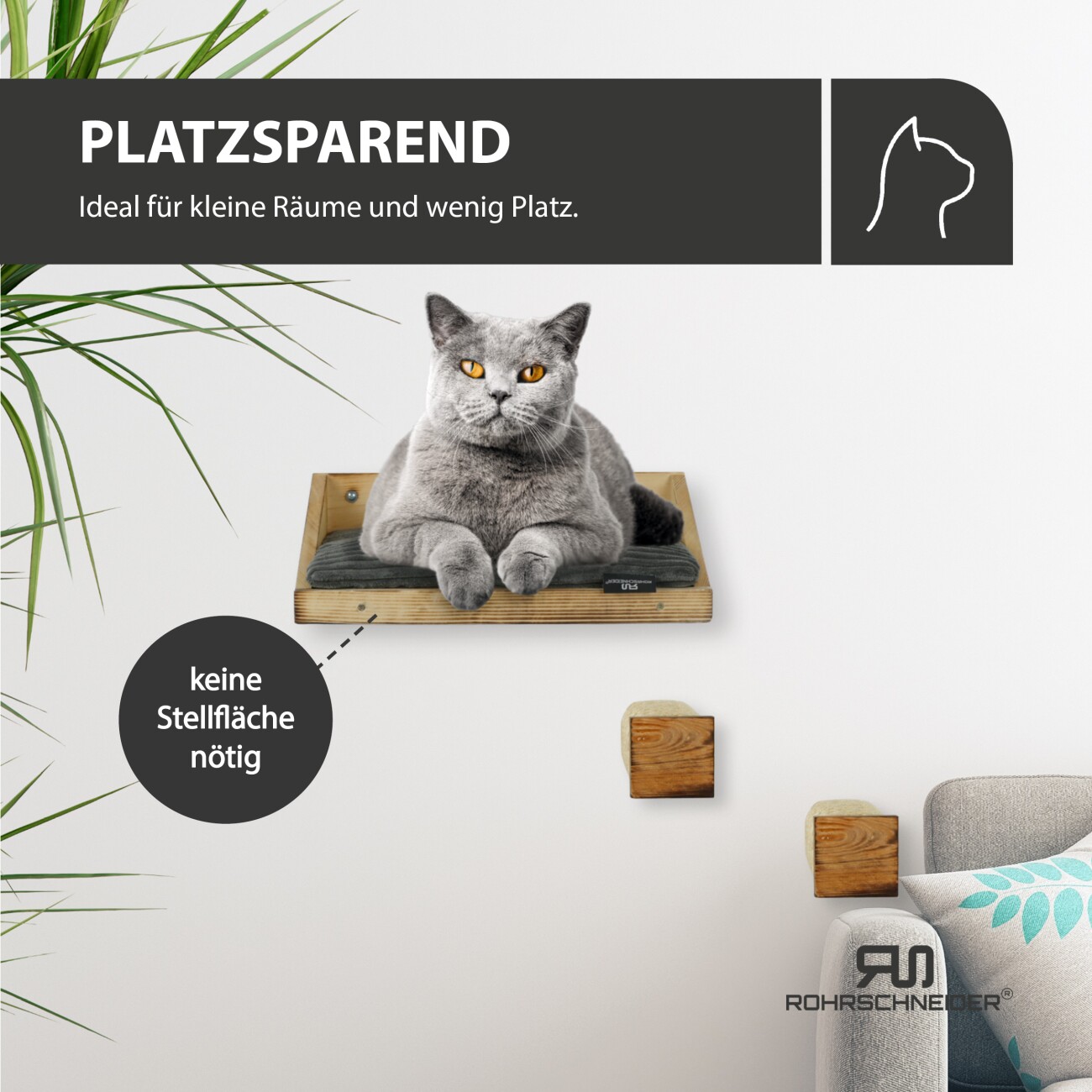 Rohrschneider ® Kletterwand Massiv, Wandelement, Katzenbett mit 2 Katzentreppen, waschbares Kissen dunkelgrau