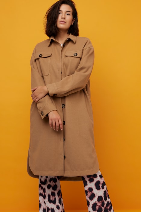 Hemdjacke, oversized, lang geschnitten, Wolloptik, Hemdkragen