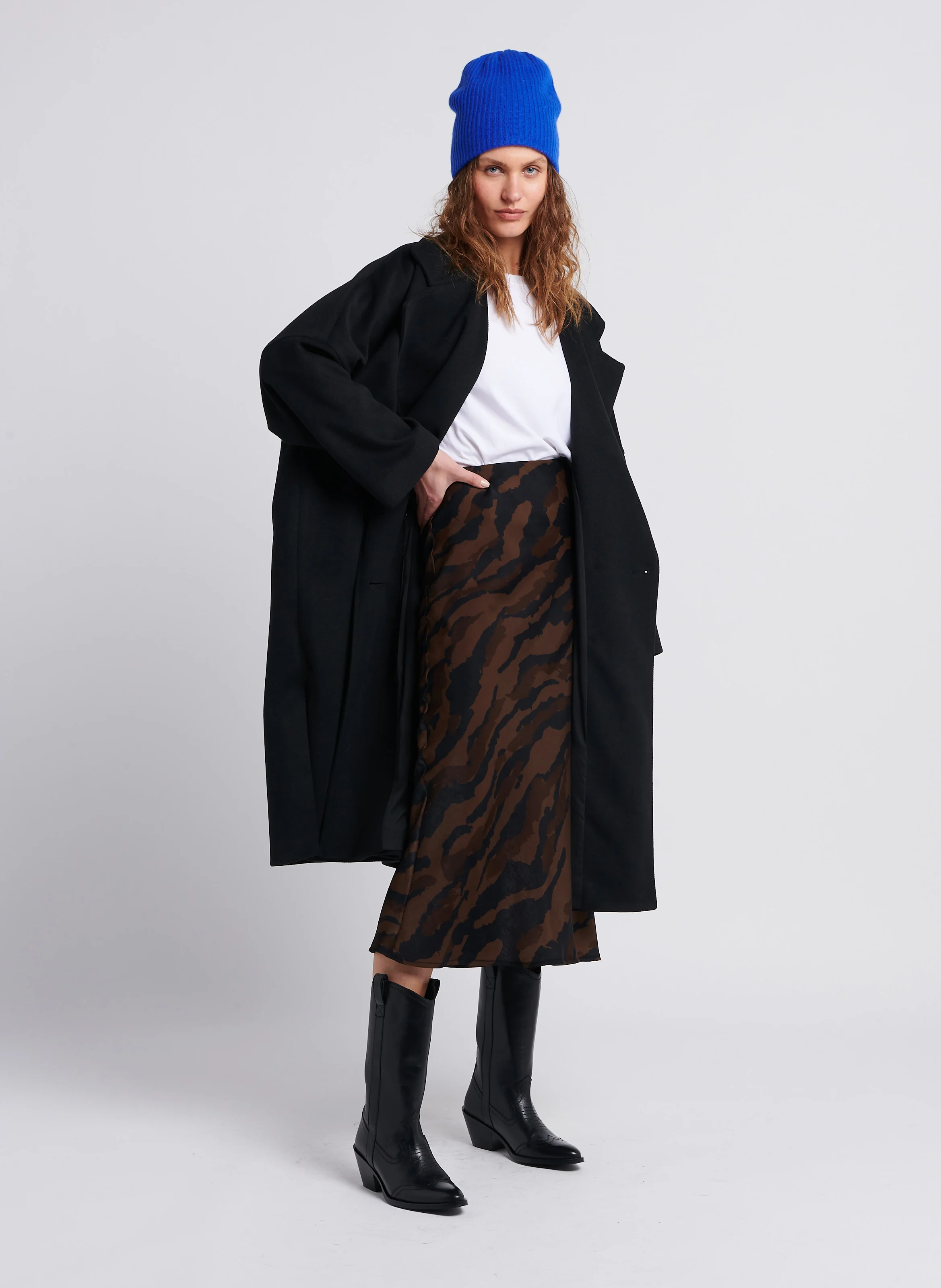 Jupe longue droite à motif animalier | Marron
