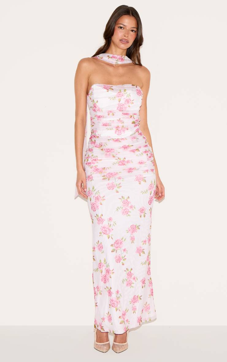 Rose Robe Longue Froncée À Détail Foulard Fleuri