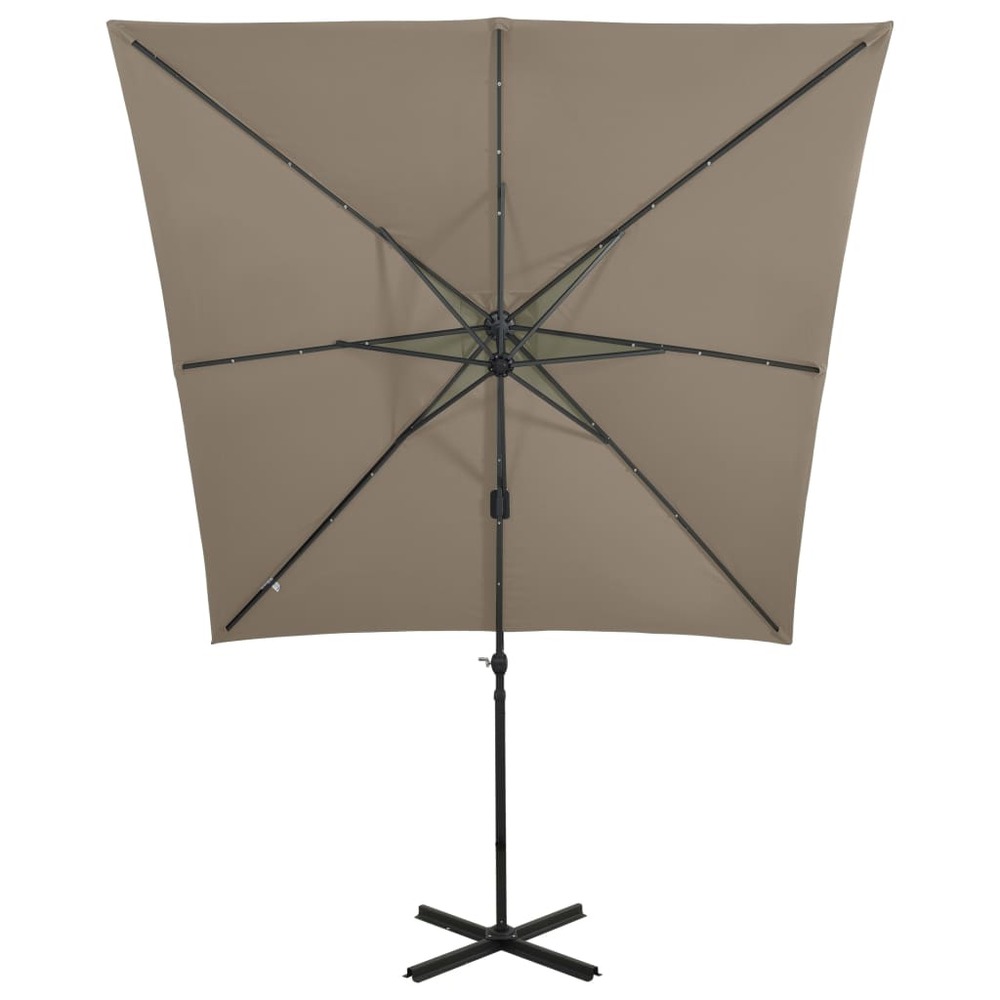 Parasol meuble de jardin déporté avec mât et lumières led 250 cm taupe