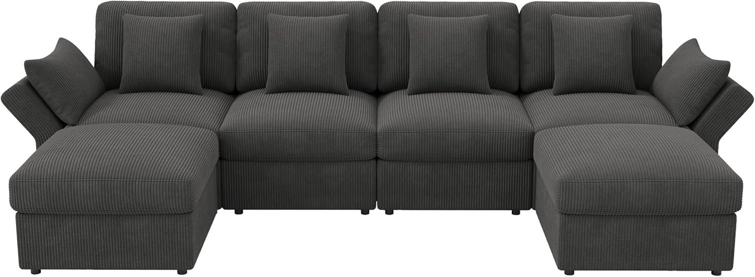 Merax Ecksofa modulares U-förmiges Sofa mit multifunktionalem Fußhocker (L/U-Form), verstellbaren Armlehnen, Cordstoff, 4-Sitzer Couch für Wohnzimmer/Schlafzimmer, Grau