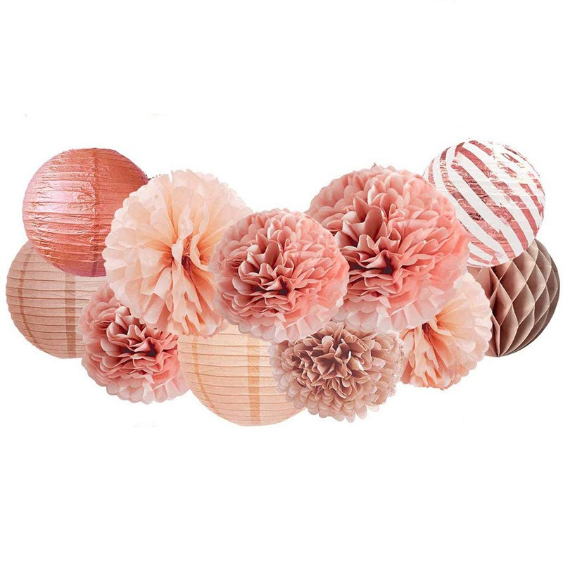 (11-tlg. Set) Papier Lampion Pompon's Deko Party / Geburtstag / Hochzeit - Roségold