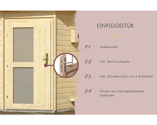 Karibu Opal 2 saunacabine zonder kachel, met houten deur en matglas