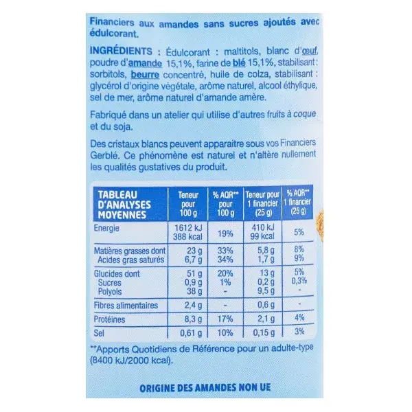 Gerblé Financiers de Amêndoa Sem Açúcar Adicionado 175g
