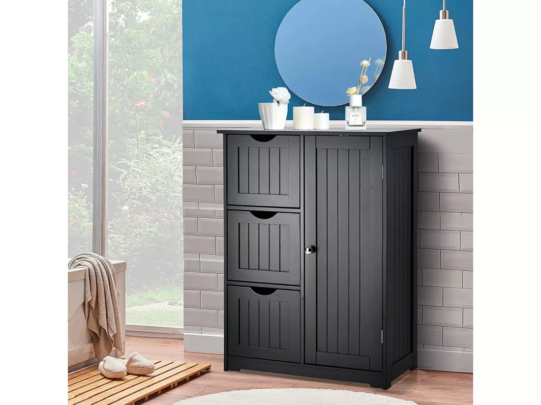 Meuble de Salle de Bain avec 3 Tiroirs, 1 Placard, Rangement Salle de Bain Étagère Réglable pour Salon, Chambre, Entrée, 58x28x81cm (3 Tiroirs - Noir)