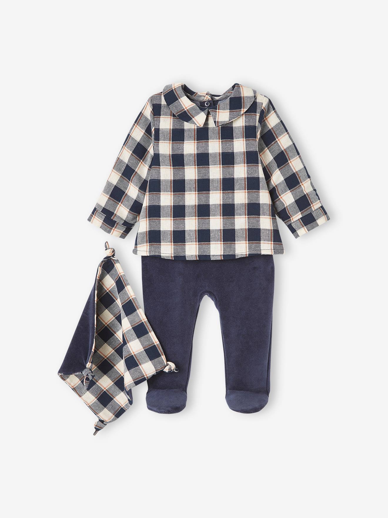 Macacão 2 em 1 para bebê menino com doudou combinando, azul escuro liso com estampas.