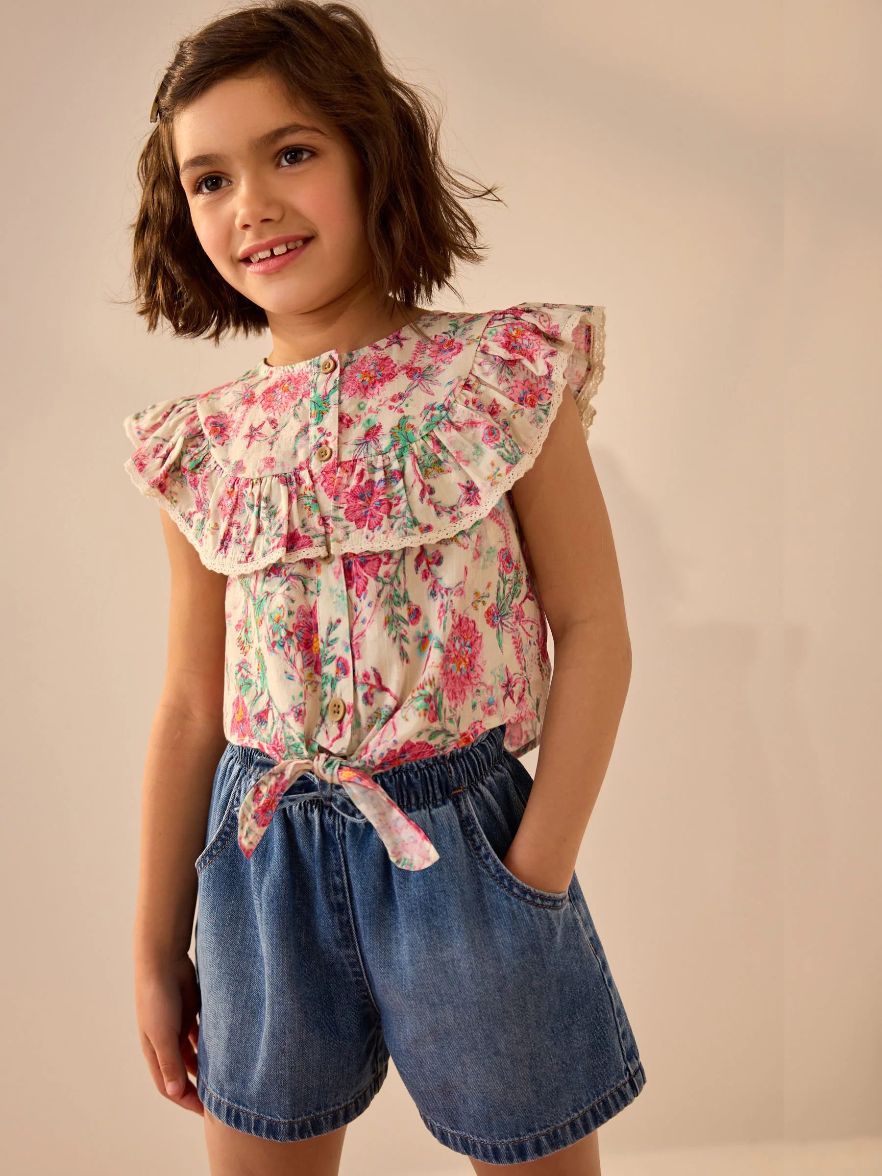 Roze bloemen - 100% katoenen blouse met strik aan de voorkant (3 - 16 jr)
