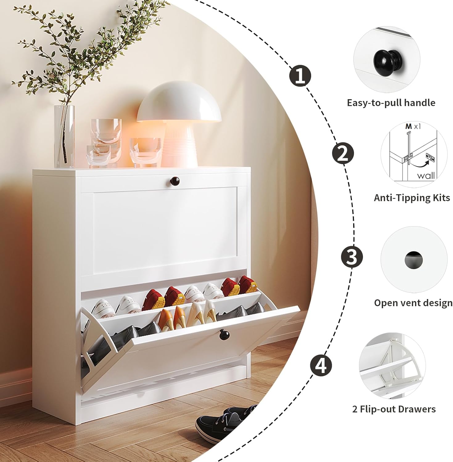 VOWNER Schuhschrank mit 2 Klappen, Schuhregal Schuhkipper Schmal, mit 4 Fächern, Schuhschrank Weiss, Verstellbar, Anti-Kipp-Vorrichtung für Eingangsbereich, Flur, 80 x 24 x 80 cm