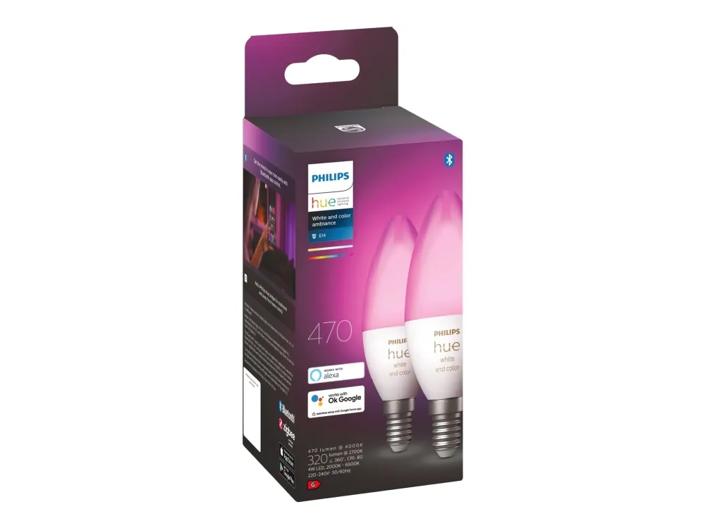 Philips Hue White and Color Ambiance - LED-lyspære - form: B39 - E14 - 4 W (tilsvarende 25 W) - klasse G - 16 millioner farver/varmt til køligt hvidt lys - 2000-6500 K (pakke med 2)