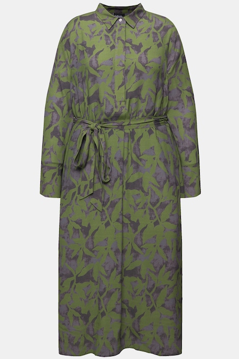 Maxikleid, Blätter, A-Linie, Hemdkragen, Langarm