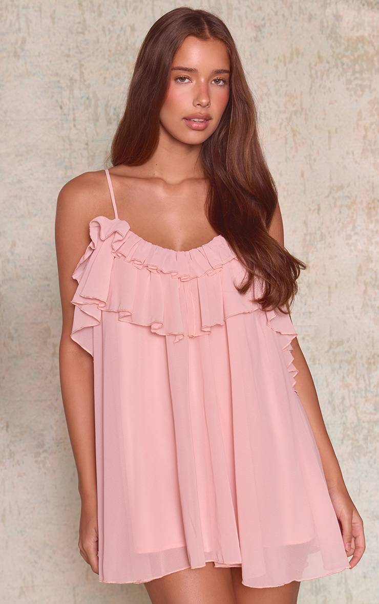Rose Pâle Robe Nuisette Mini À Volants Et Bretelles