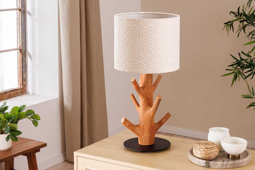 Massive Tischlampe JEWELRY 60cm natur Mangostanholz weißer Stoffschirm