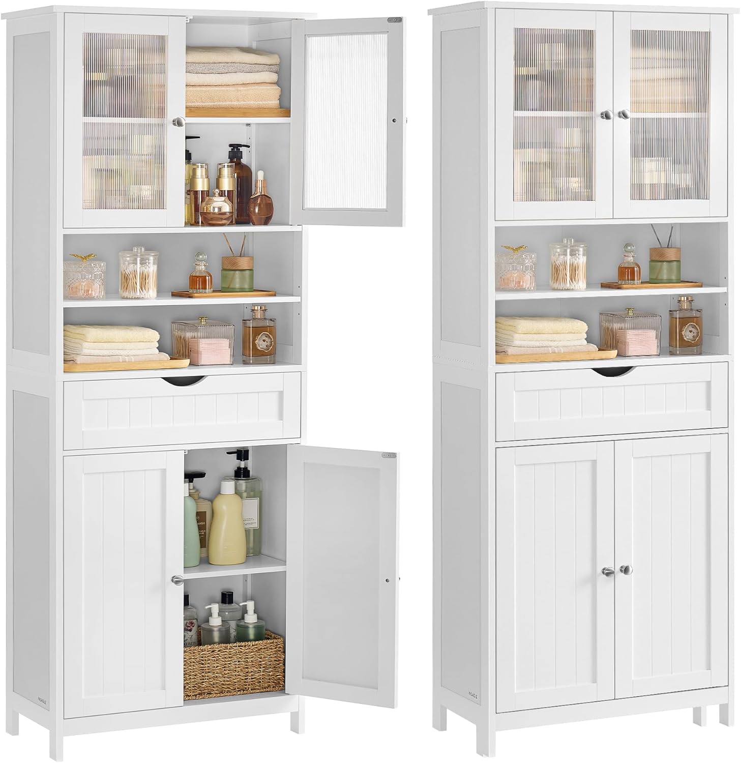 VASAGLE Badezimmerschrank, Badschrank, Aufbewahrungsschrank mit verstellbaren Ablagen, Schublade, offenen Fächern, für Badezimmer, Wohnzimmer, Esszimmer, wolkenweiß BBC768W01