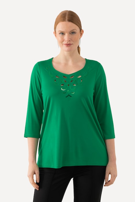 Shirt, Stickerei, Classic, Herzausschnitt, 3/4-Arm