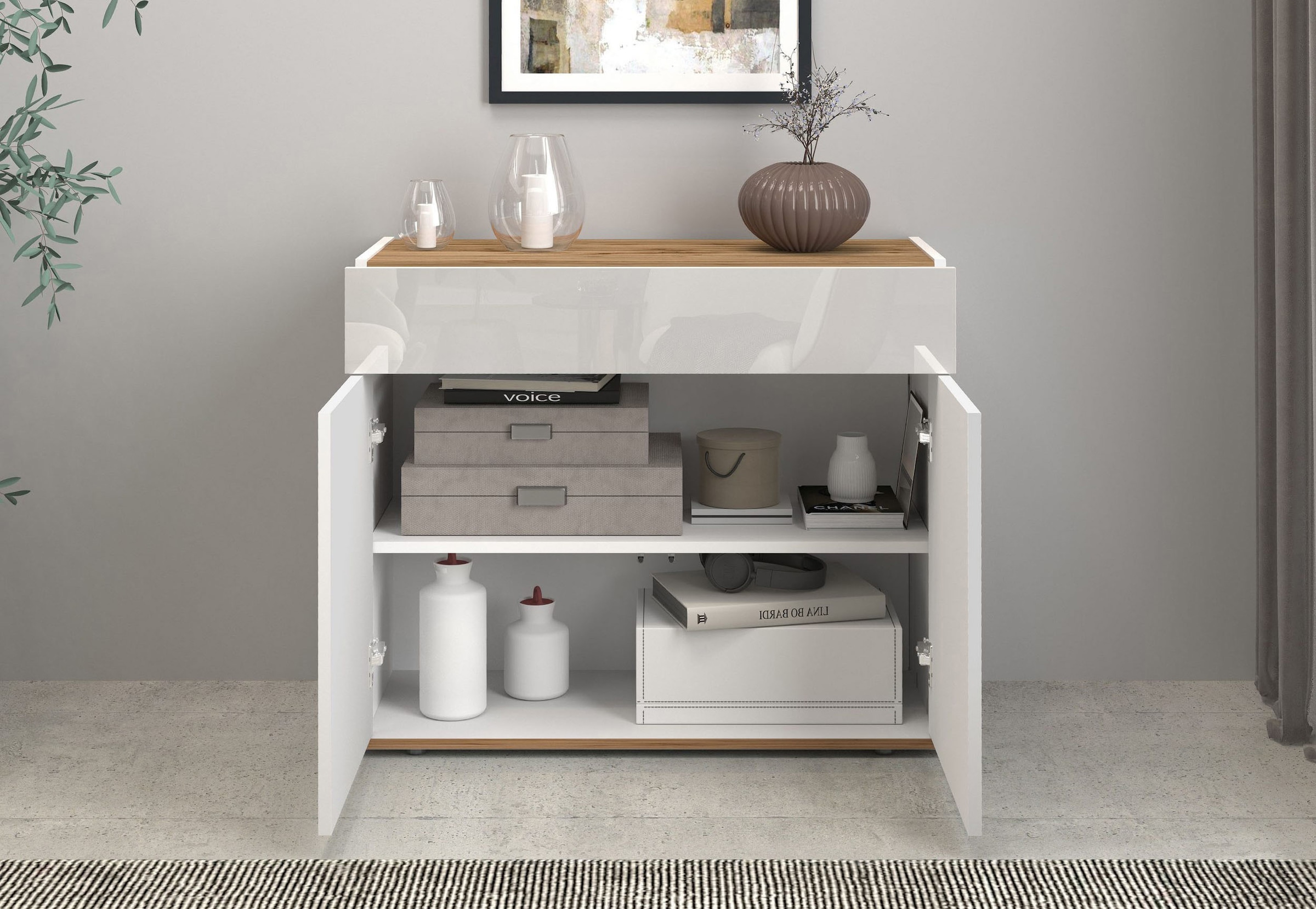GOODproduct Sideboard »Garda, Kommode, Schrank, 2 Türen, 1 Schublade, Made in Italy« Hochglanzlackierte Fronten, Korpus matt, grifflos, Breite 80,9 cm