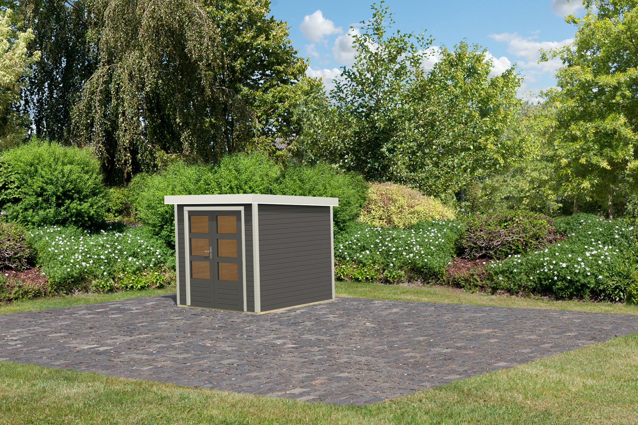 Karibu Hybrid Gartenhaus Hollywood terragrau inkl. Fußboden Gartenlaube Geräteschuppen Gartenhütte