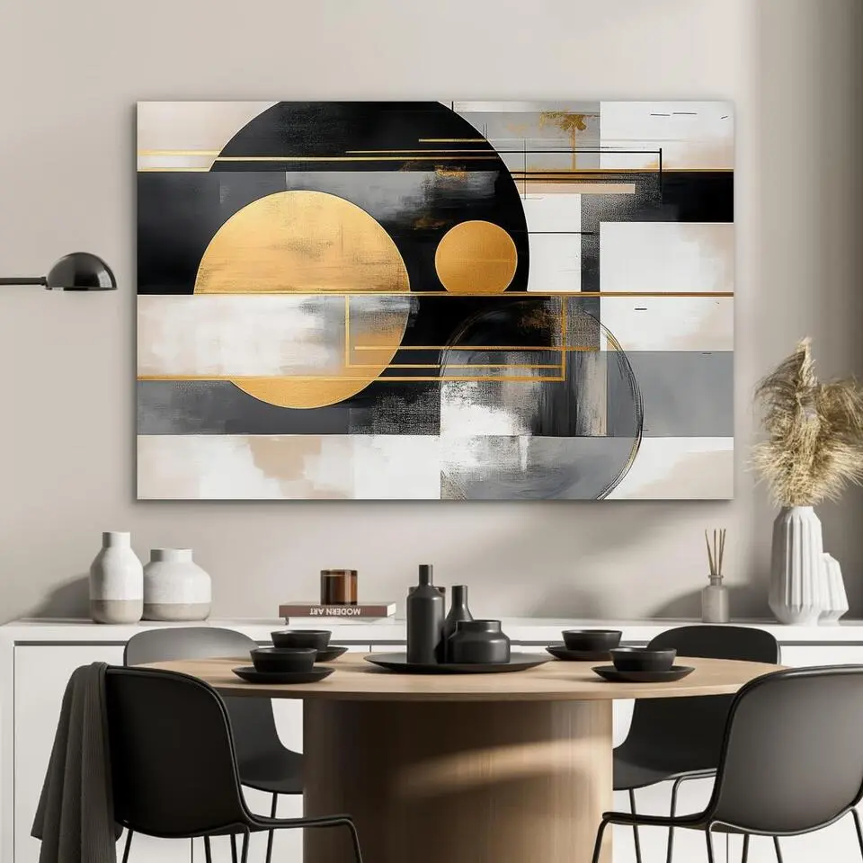 MuchoWow Aluminium Schilderij 90x60cm Abstract Goud Zilver Vormen