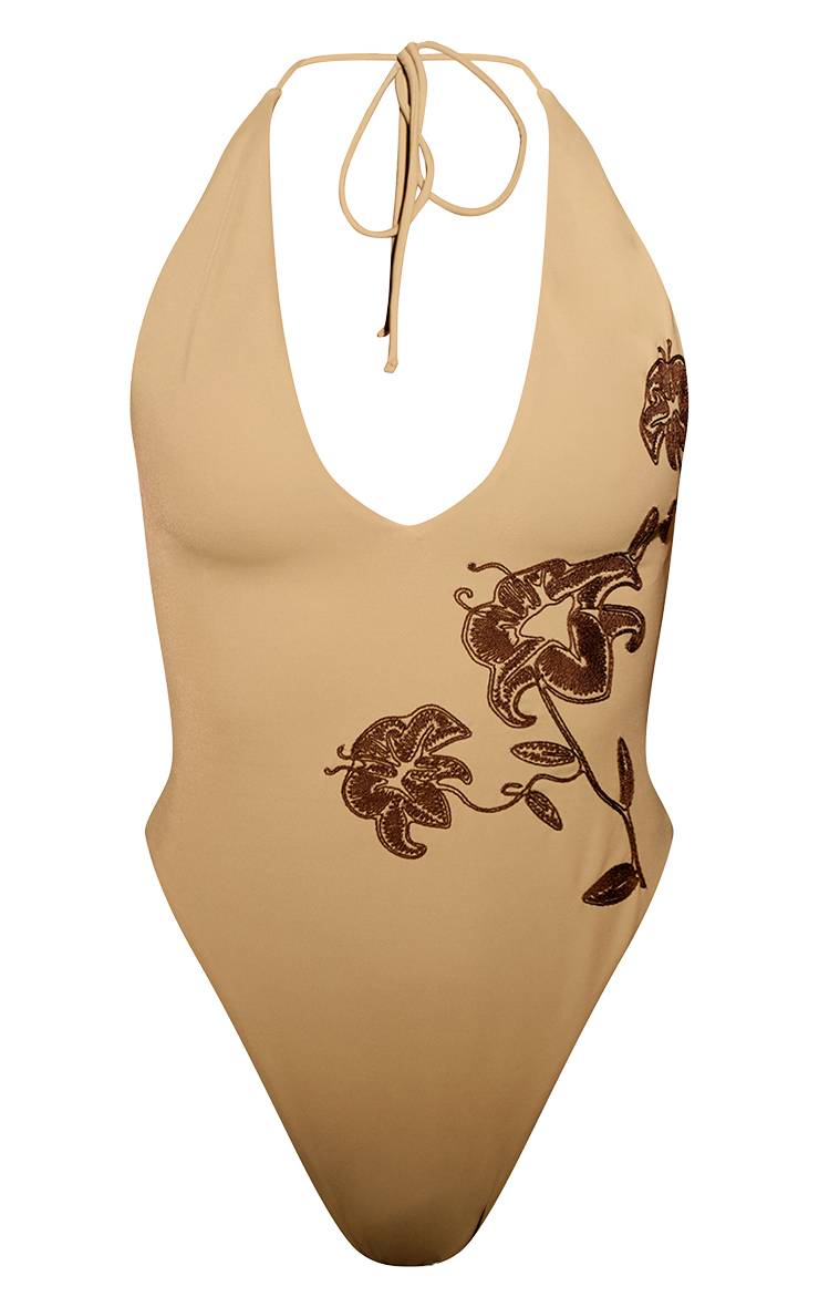 Vert Olive Maillot De Bain Échancré À Fleurs Brodées