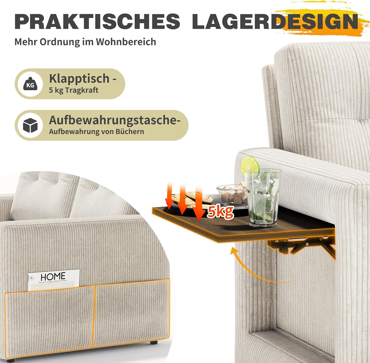 YOUDENOVA Sofa mit Schlaffunktion, Schlafsofa mit 5-stufig Verstellbarer Rückenlehne, Schlafcouch mit Bettfunktion, Couch mit Tisch & Seitentasche, 2 Sitzer Sofa Bed 177x135 cm, Cord Beige